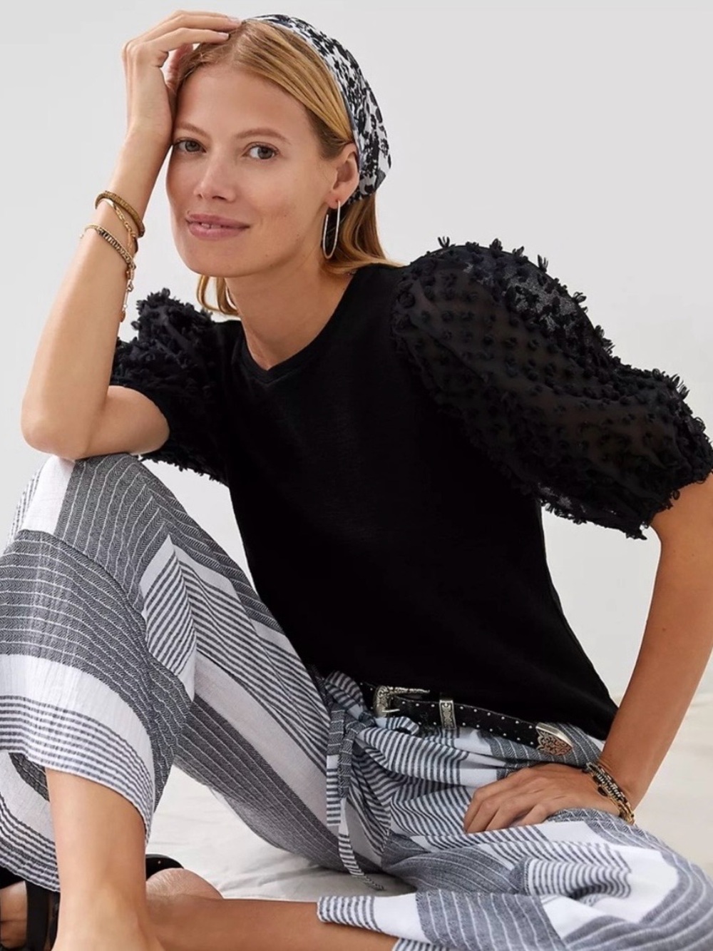 Maeve Anthropologie Black Sheer Puff-Sleeve Knit Top
